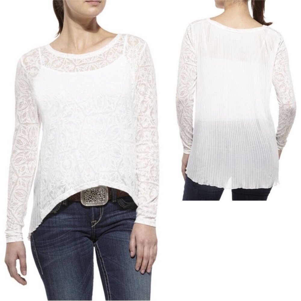 Ariat Acacia Ivory Floral Semi Sheer Pleated Long Sleeve Top Women’s Sz‎ XXL NEW